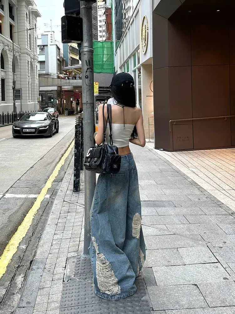 American Style Distressed Washed Jeans Women Summer Y2k Streetwear High Waist Hip Hop Wide Leg Pants 2025 New Casual Loose Jeans