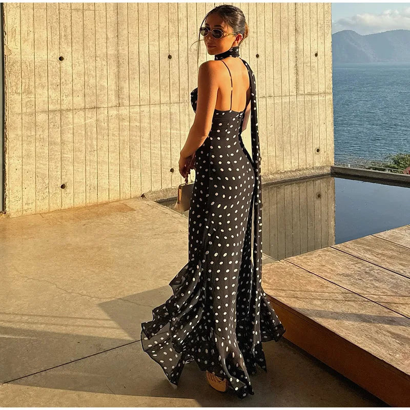 Retro Polk Dot Long Dress With Ribbon Women Sexy Low Cut Sleeveless Pleated Slim Evening Dresses Female Spring Chic Street Party