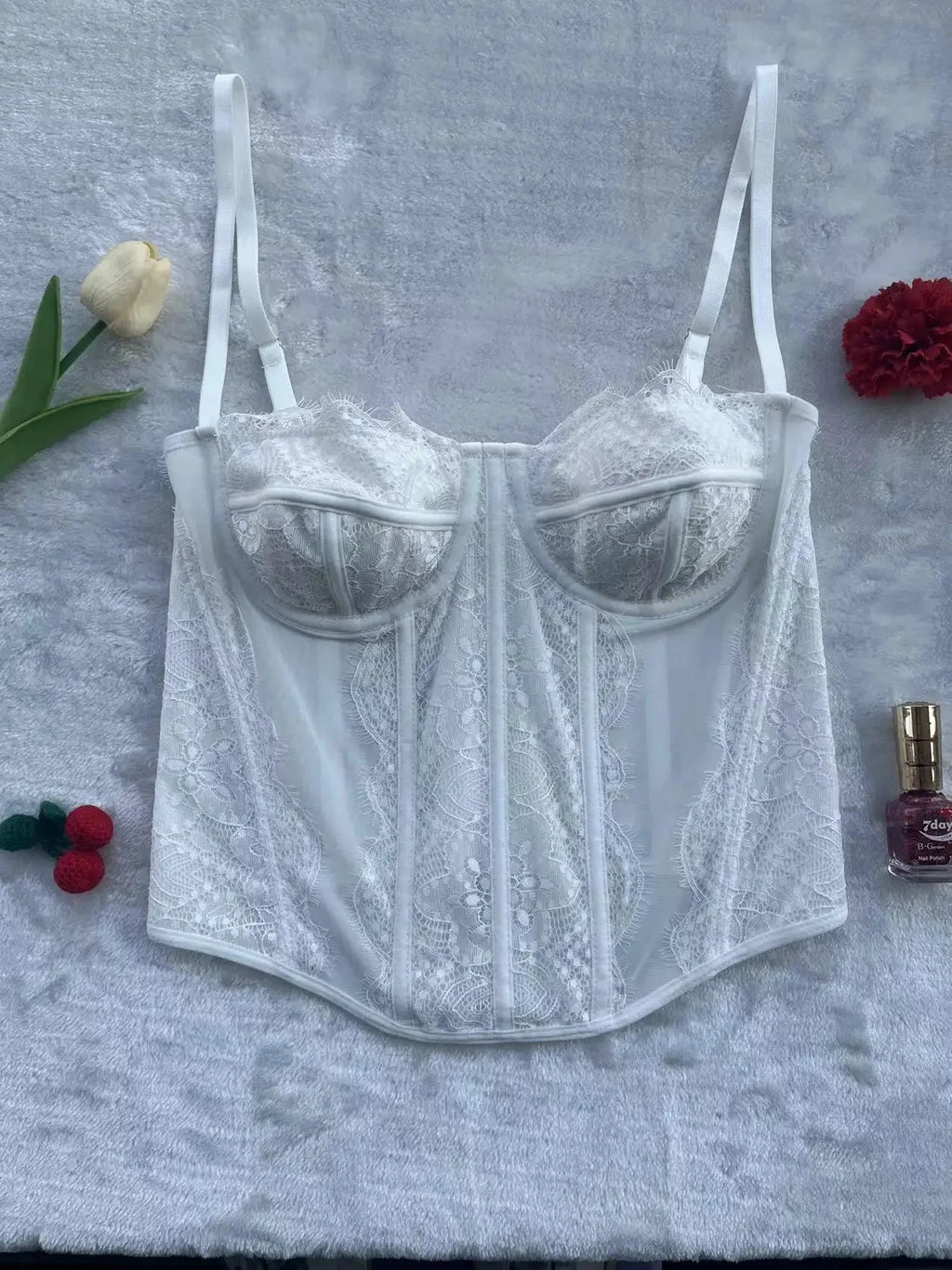 Sexy Gathered Tight Fitting Corset Top Lace Trimmed Transparent Pure Desire Tank Top Polyester Fiber Material From China Mainlan