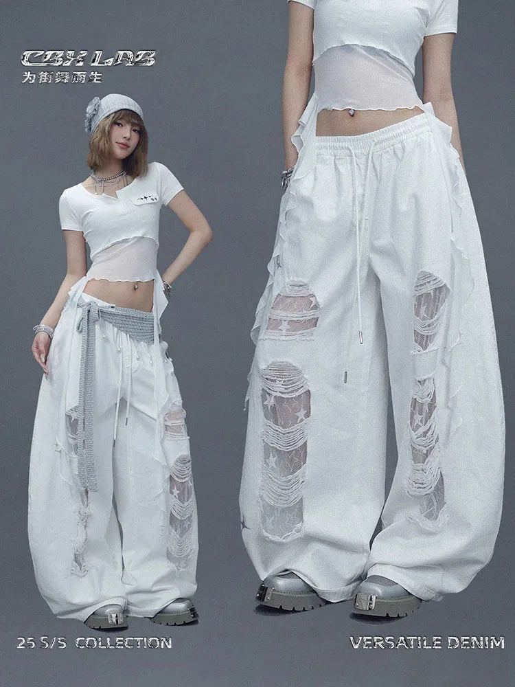 CBXLAB Street Dance Women'sWhite denim patchwork distressed dance pants with long design for jazz dancers, spicy and casual