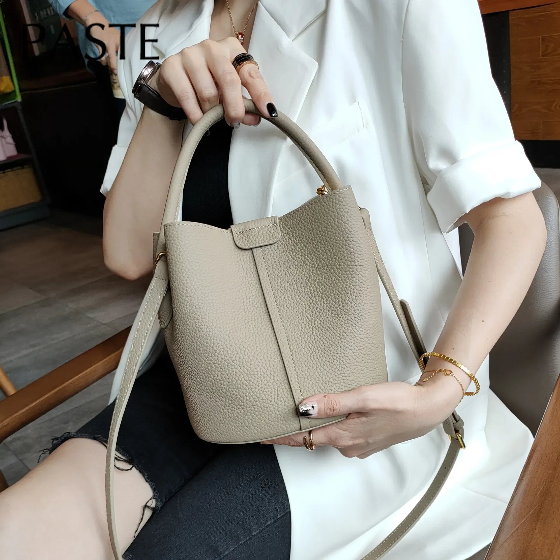 Noble Lavender Purple Round Bucket Tote Small Elegant Cowhide Leather Women's Shoulder Crossbody Bag Fashion Ladies Hand Bag