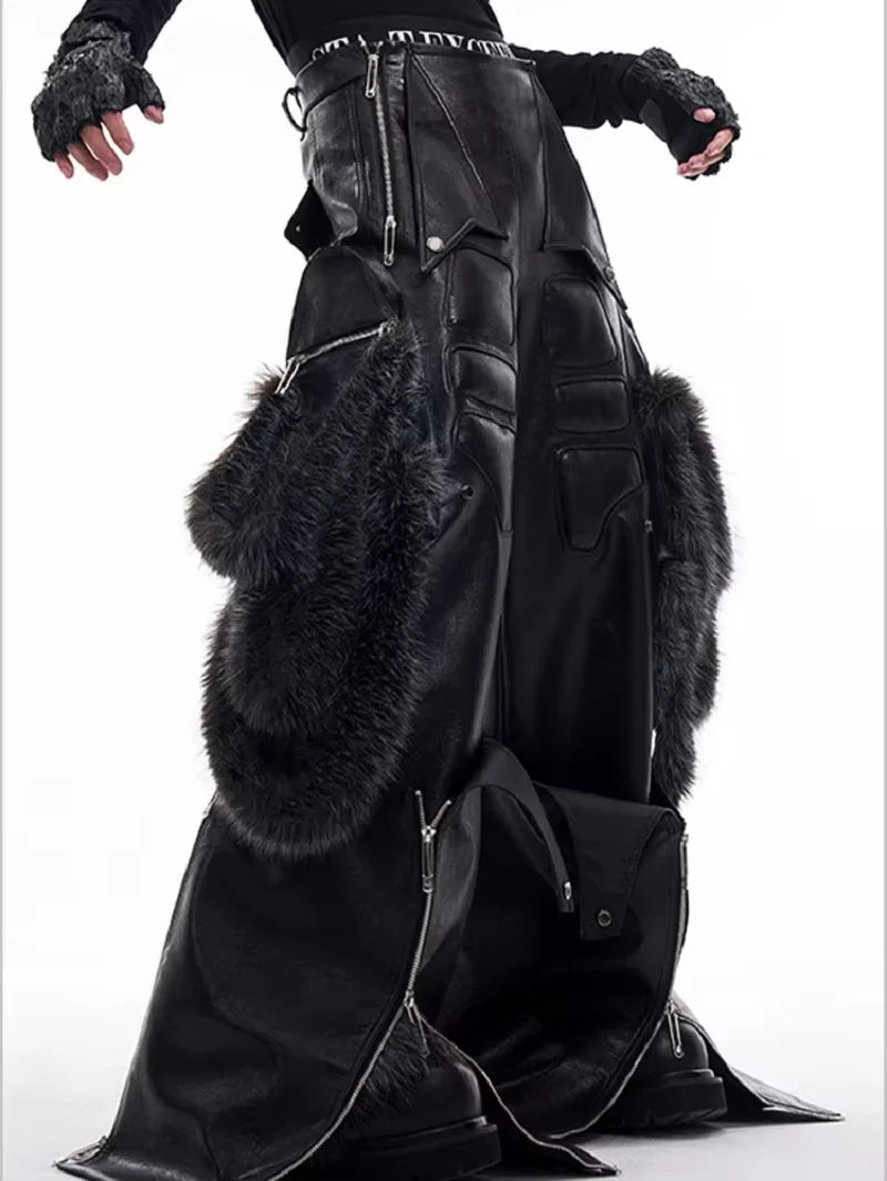 Mauroicardi Spring Autumn Cool Long Baggy Black Pu Leather Wide Leg Cargo Pants Men Luxury Mens Designer Clothes Streetwear 2025