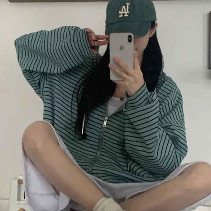 Spring 2025 Women's Chic Loose Casual Lazy Sle Striped Hooded Jaet with ket Open Cardigan Sweatirt Comfortable Fit