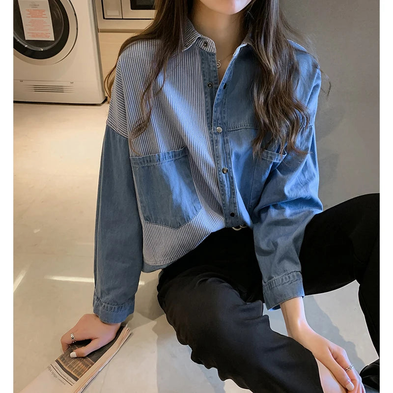 Womens' Splicing Striped Shirt Fashion Spring Autumn Versatile Thin Outerwears Korean Fashion Loose Blue Denim Jackets