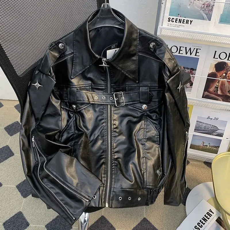 Niche deconstruction Heavy Industry leather jacket for men Spring and autumn design sense loose short motorcycle leather jacket