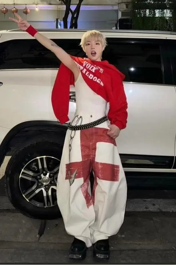 Personality Trend Hip Hop Rock Wide Leg Pants for Men's Y2k High Street Baggy Color Block Cool Style Straight Pants Print Pants