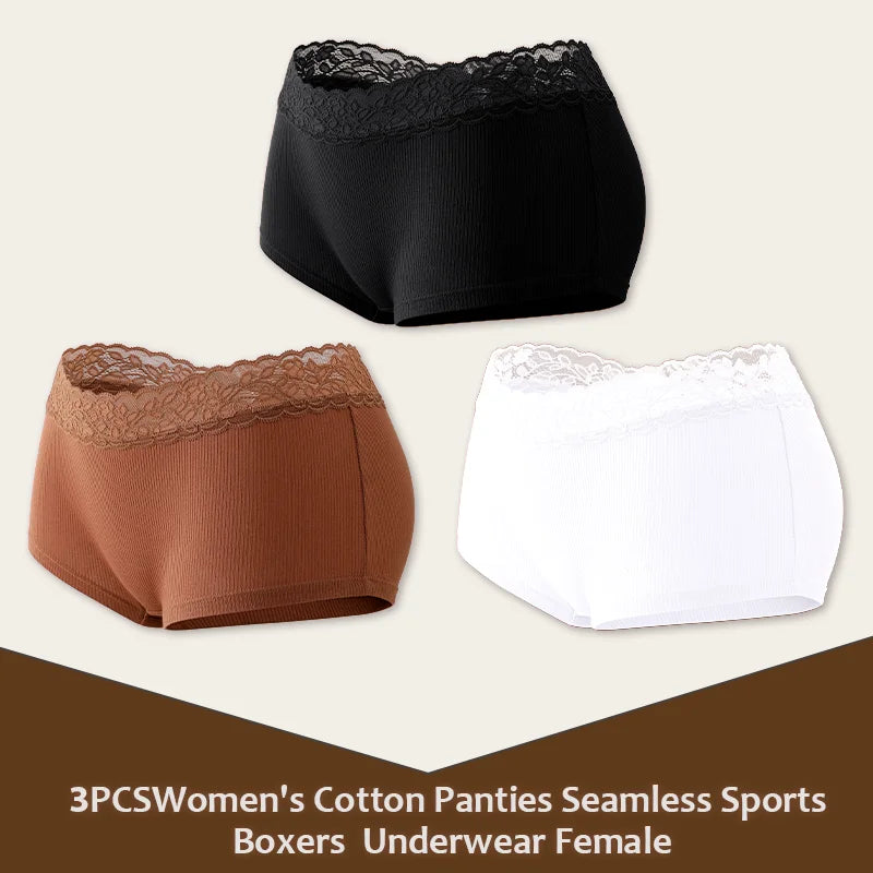 3Pcs Women's Cotton Lace Panties Boxers Seamless Boxer Underwear Female Solid Color Briefs Cozy Lingerie Intimate Underpant S-XL