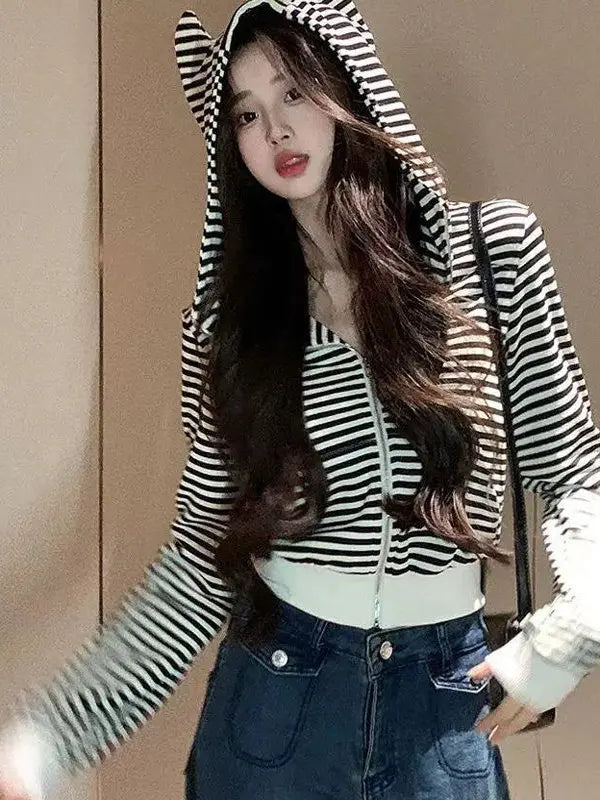 「MD」Demon Stripes Loose Short Coat for Women Spring Autumn Korean Sle Zipper Hoodie Cardigan Design Sense Top