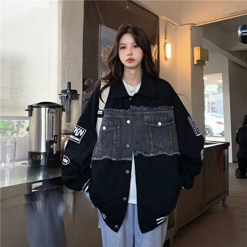Denim Jacket Embroidered Baseball Uniforms Bomber Jackets Streetwear Harajuku Y2k Tops Trench Coats Hip Hop Long Sleeve Coats