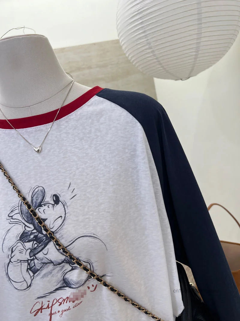 Cute Cartoon Mickey Mouse Long Sleeved T-shirt Korean Version Trend Simple Patchwork Tees Women's Autumn Slimming New Casual Top
