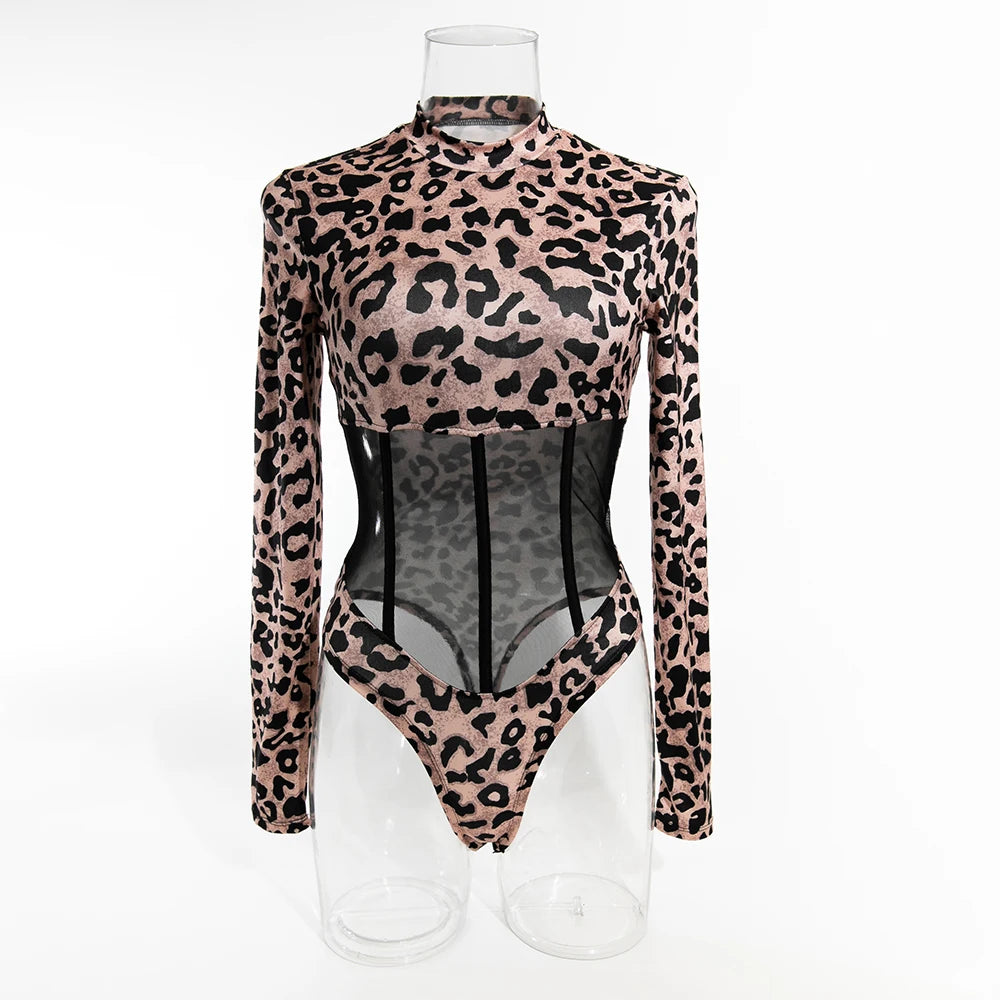 Yimunancy Leopard Print Women Mesh Bodycorn Bodysuit Long Sleeve Sexy Bodysuit Stand Colloar Body Femme