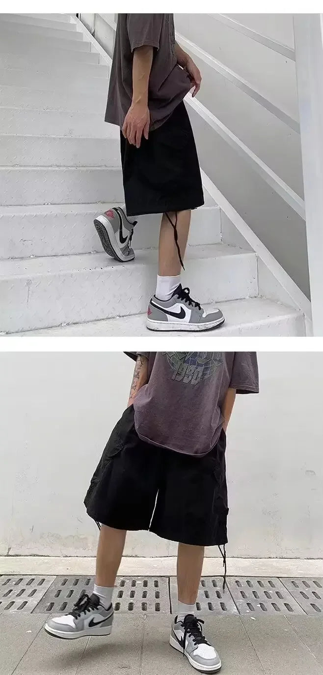 Loose Casual Men's Workwear Shorts Summer Wide Leg Drawstring Five-Quarter Pants Retro Japanese Style Outerwear Shorts