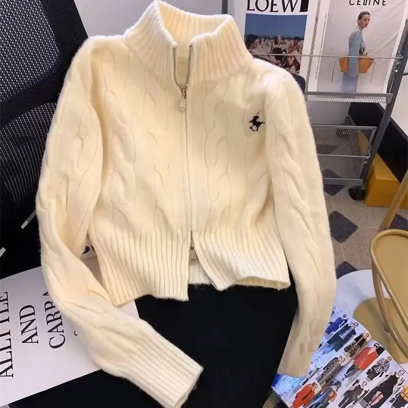 Vintage Korean Style Stand Collar Sweater Jacket Autumn/Winter Age-Reducing Zipper Embroidery Knitted Cardigan University Top
