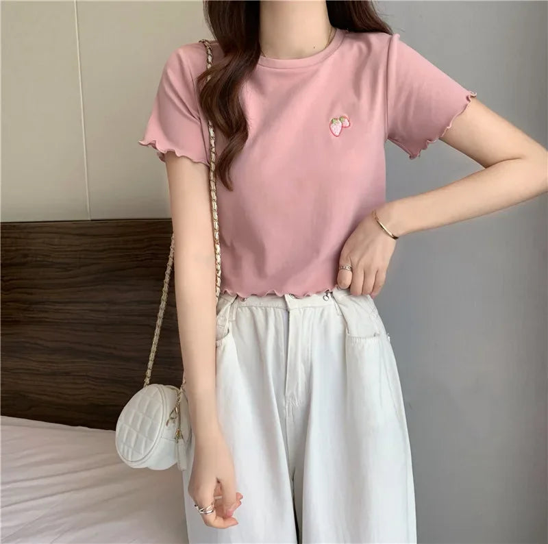 Summer Embroidered Short T-shirt Women Wooden Edge Irregular Slim Short Sleeve Top Plant Pattern Fiber Fabric Elegant Style