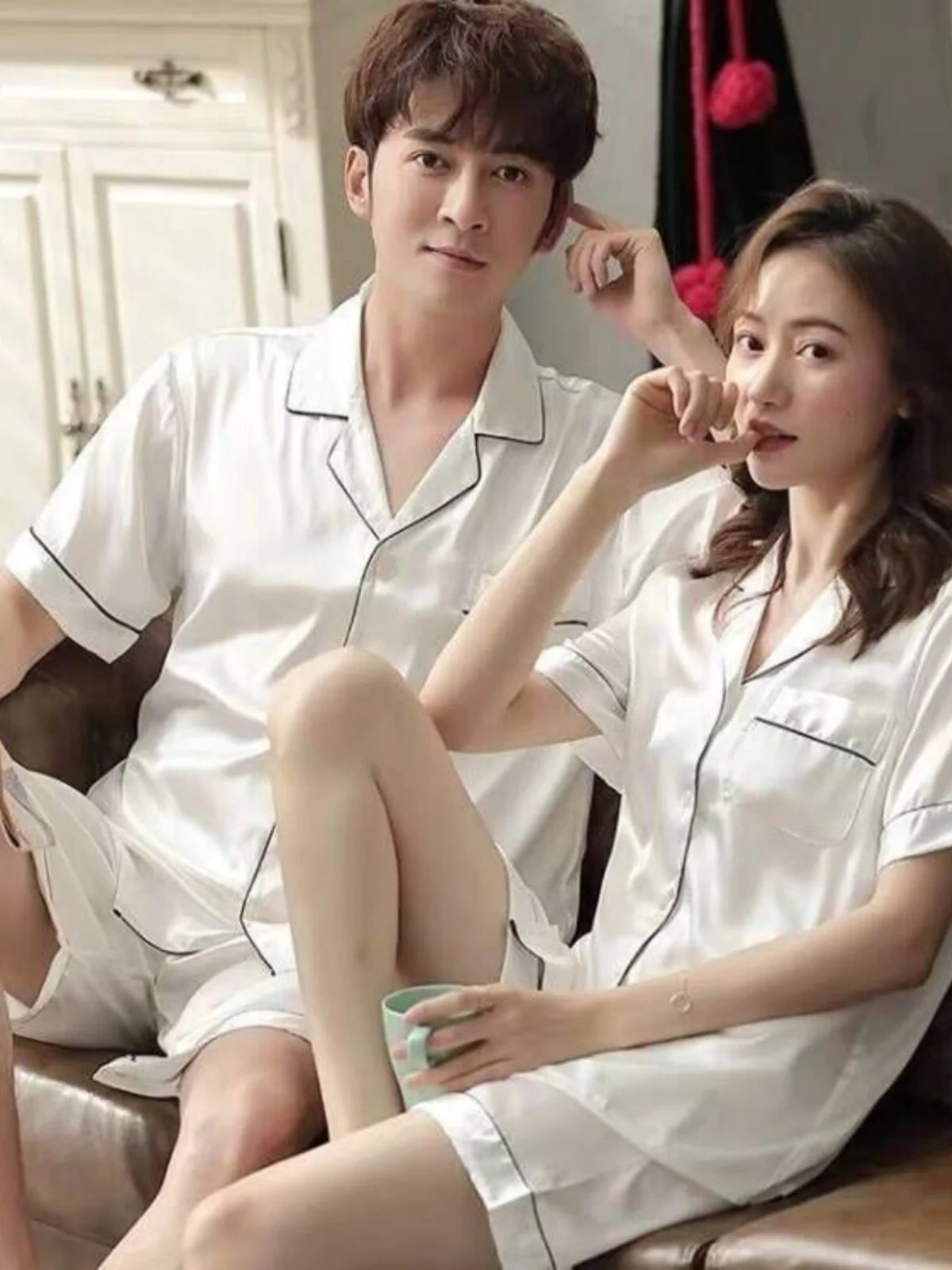 Couples Summer Ice Silk Thin ort Sve Spwear Home Clothes ort Pants Large Size Set Ladies Summer Silk New Model
