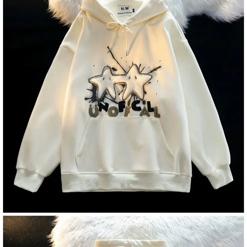 American Style Street Flocking Star Hooded Sweatshirt For Men Women Couple Loose Fit Oversize Spring Autumn Thin Jacket