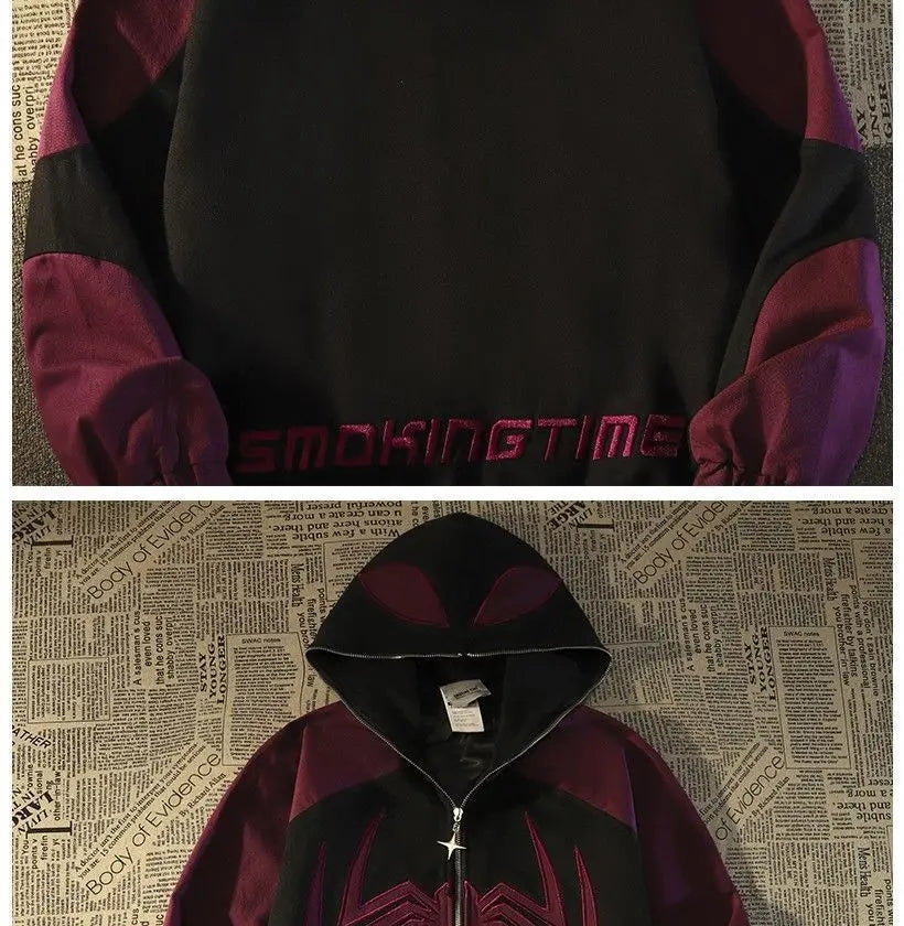 American High Street Spider Man Off Shoulder Sweatshirt Men and Women Retro Loose Oversized 150kg Couple Hooded Cardigan