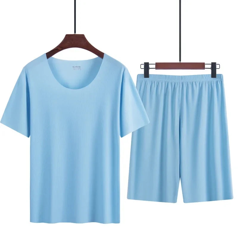 Men's two-piece ice silk pajamas Loungewear men's Plus Size Pajamas Home Set Men's summer thin modal short sleeve pajamas