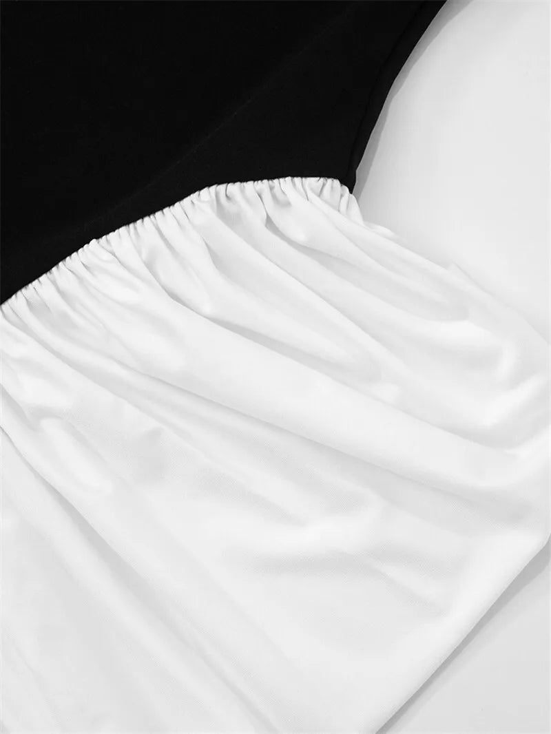 Mozision Patchwork Halter Backless Sexy Midi Dress Women Gown Elegant Fashion Contrast Color Sleeveless Pleated Long Dress