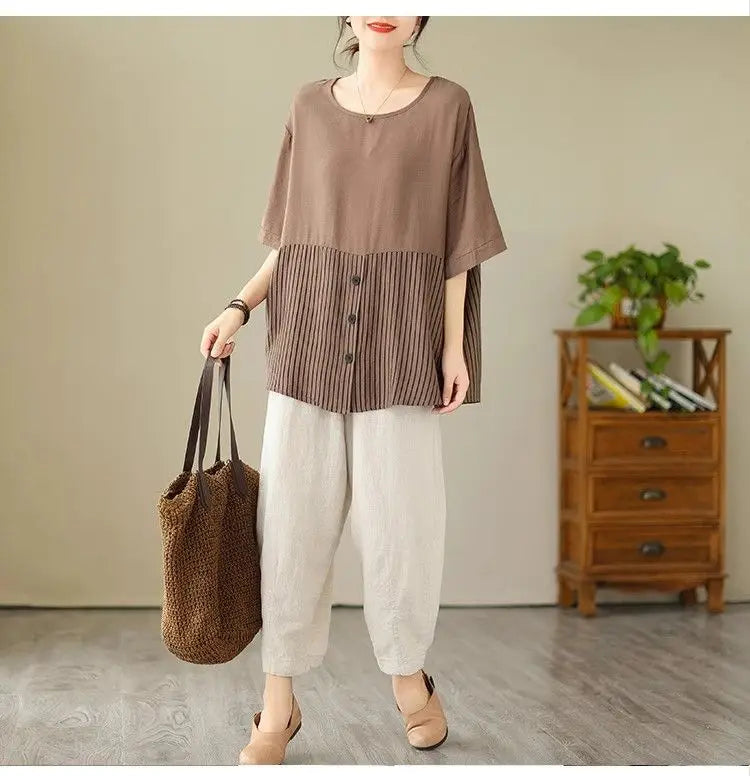 Summer New Plus Size Women's Fashion Striped Patchwork Tops Tees Youth Short Sleeve Loose Vintage T Shirts Casual Trend Clothing