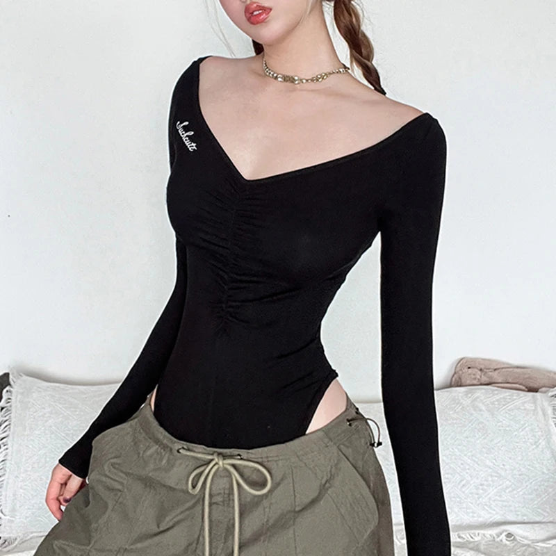HEYounGIRL Gothic See Through Back Butterfly Print Rhinestone Bodysuit V-neck Long Sleeve Black Sexy Bodsuit Top Street Wear