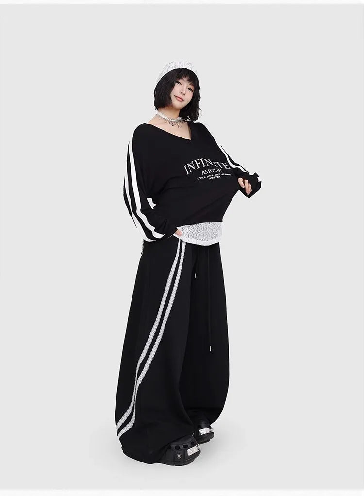 CBXLAB Street Dance Women' s Black lace pull-tab jazz pants K-pop spicy girl long pants street leisure pants trendy.