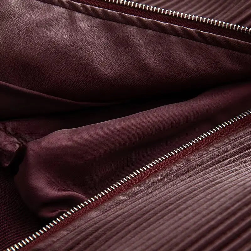 Faux Leather Jackets Women's Coat Wine Red Outwear Solid Long Sleeve Tops inszart 2025 With Zipper Streetwear Fashion Woman Coat