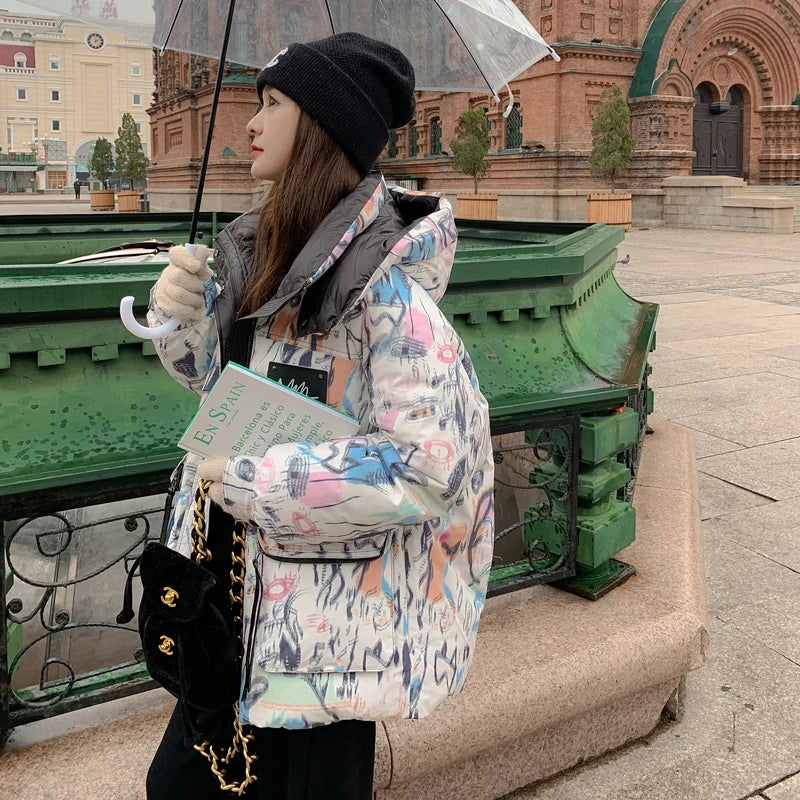 Down Jacket Fashion Short Women's Autumn and Winter Thickened Warm Windproof Warm Loose Hooded Straight Cartoon Anime Print 1Pc