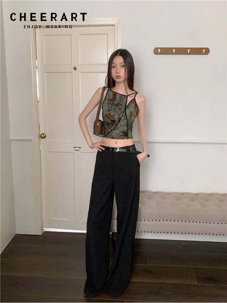 CHEERART Flocking Floral Vintage Crop Cami Top For Women 2024 Sleeveless Flower Green Tops Designer Clothes Luxury