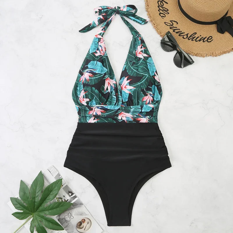 Sexy Backless Swimming Suits Swimwear One Piece Swimsuit Women Fashion Printed Bathing Suit Ladies Beachwear Lace Up Bikinis New