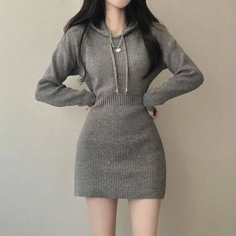 Sexy White Thicken Knit Mini Dress Woman Korean Elastic High Waist Bandage Dresses Women Hooded Outwear Long Sleeve Slim Dress