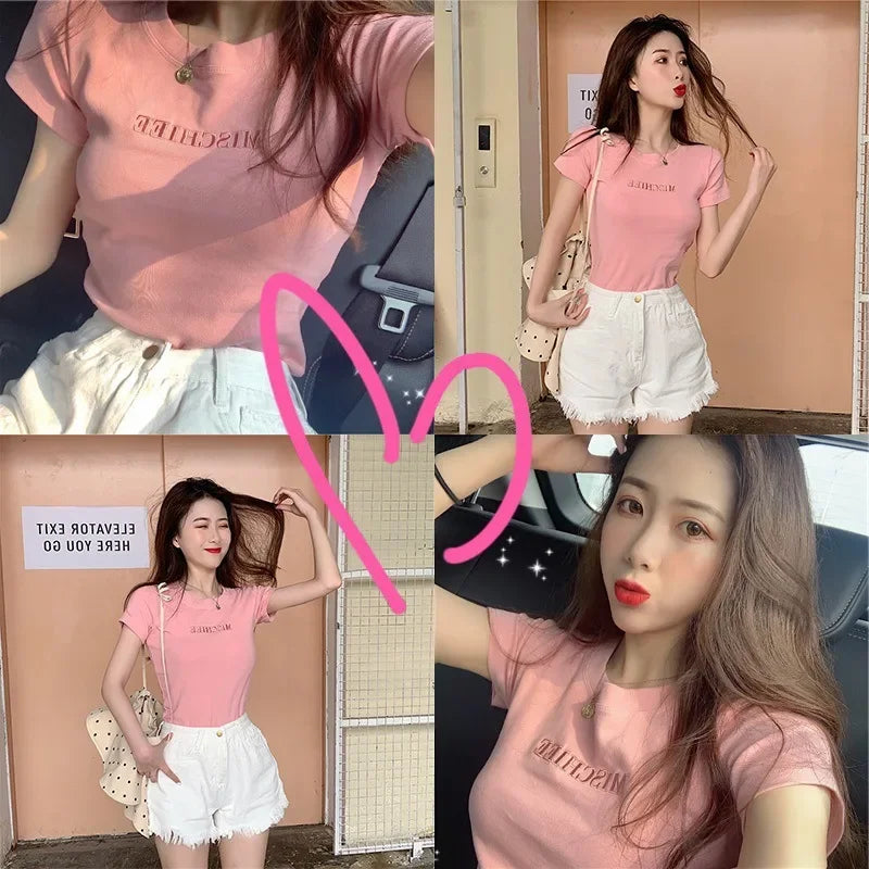 Fashionable Letter Embroidery Short Sleeve T-Shirt Women's Loose-Fit Summer New Style Slimming Base Layer Korean Version