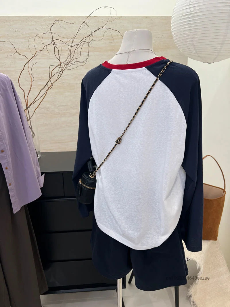 Cute Cartoon Mickey Mouse Long Sleeved T-shirt Korean Version Trend Simple Patchwork Tees Women's Autumn Slimming New Casual Top