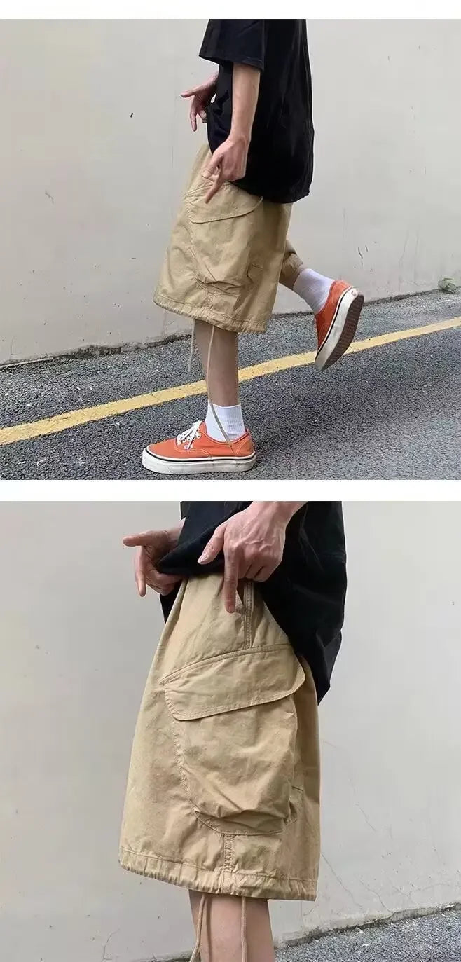 Loose Casual Men's Workwear Shorts Summer Wide Leg Drawstring Five-Quarter Pants Retro Japanese Style Outerwear Shorts
