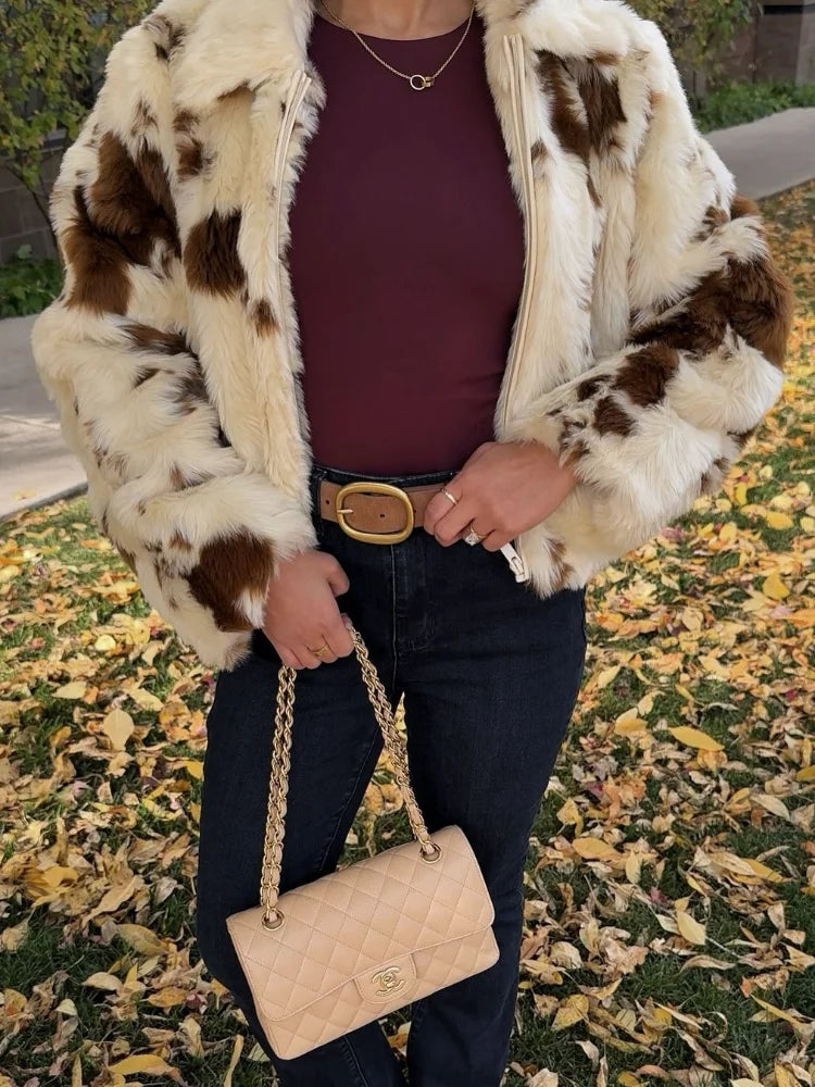 Faux Fur Contrast Women Coat 2025 Lapel Zipper Long Sleeve Female Coats Vintage Autumn Winter Pocket Thicken Warm Lady Outwear