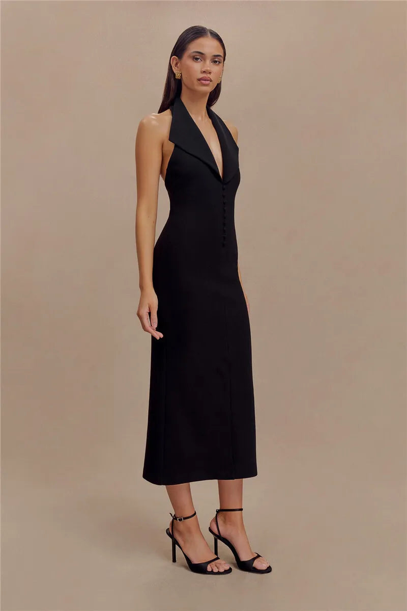 Mozision Halter Deep V Neck Sleeveless Sexy Maxi Dress For Women Elegant Backless Bodycon Tank Dress Femme Fashion Long Dress