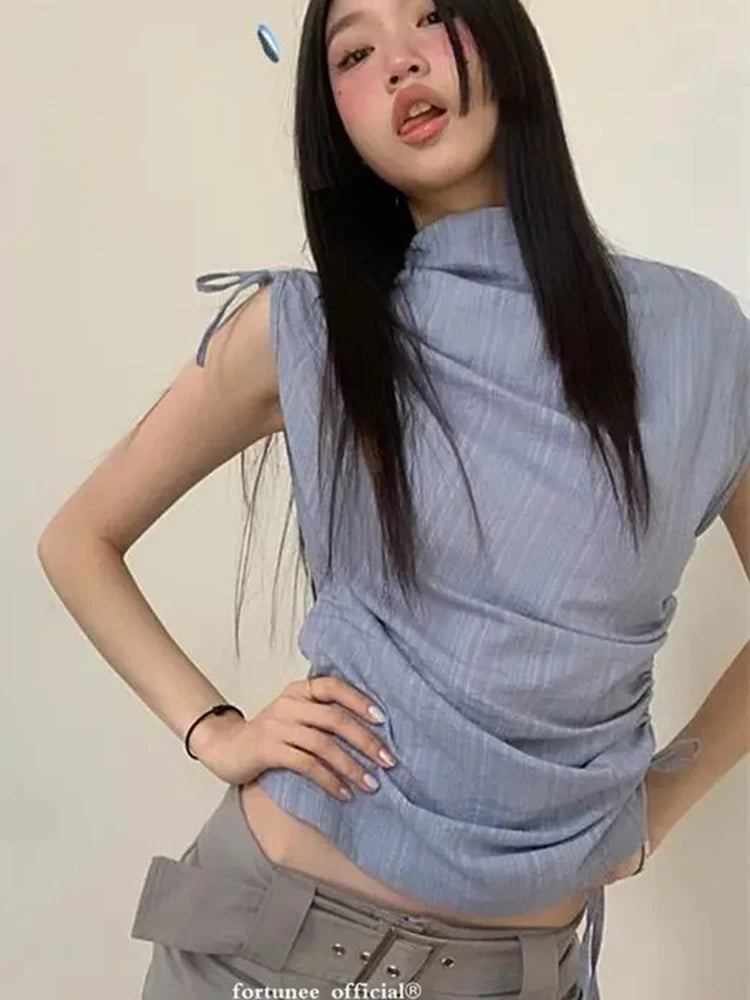 Zoki Streetwear Y2K Slim Tanks Women Shirring Vintage Casual Tops Summer Sleeveless Female Retro Half Turtleneck Harajuku Tanks