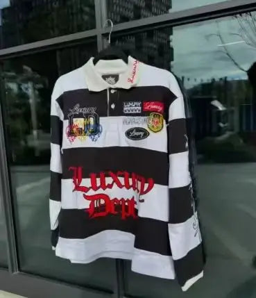 American blue and white striped campus style Polo shirt men's spring simple loose lapel casual long-sleeved T-shirt sweatshirt