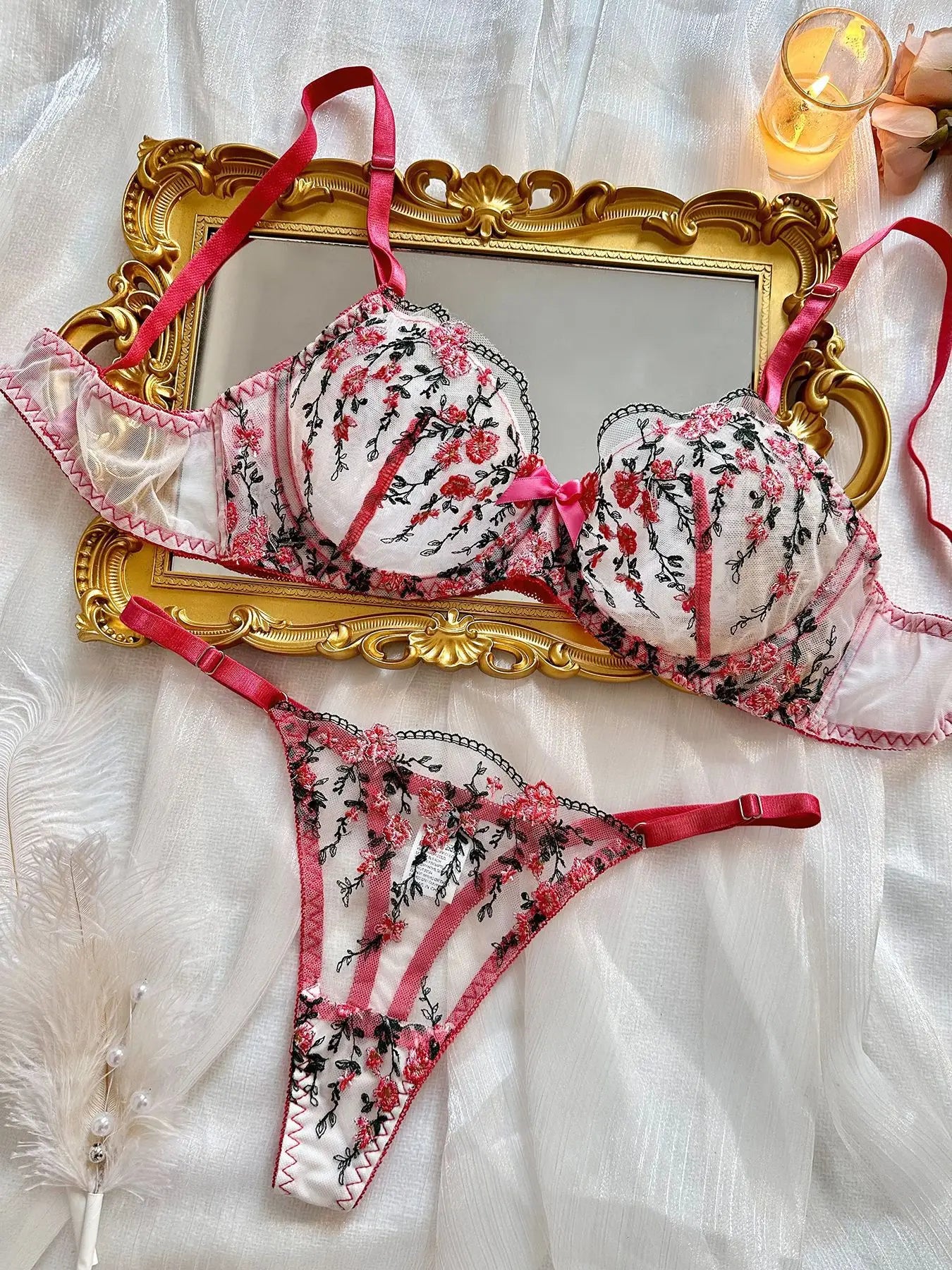 Sexy Women Lingeries Embroidery Floral Underwear Transparent Lace Short Low-waist Kits Sweet Delicate Fairy Bra Bra & Brief Sets