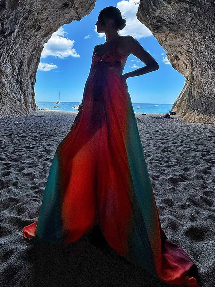 Summer New Colorful Print Beach Dress For Women Sexy Hollow Out High Waist Pleated Maxi Dresses 2025 Vocation Female Vestidos