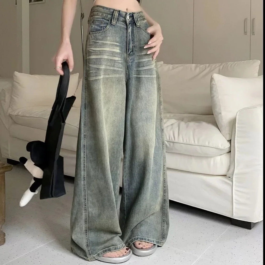 Vintage Wide-Leg Jeans Women's Loose-Fit High-Waisted Slimming Casual Straight-Leg Long Pants Trendy On The Ground