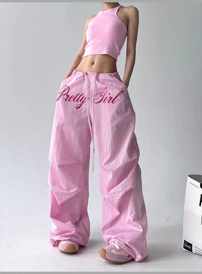 American retro black printed Spice Girls Street Dance Scimitar Pants Women's Loose Design Splicing Summer New Wide Leg Pants
