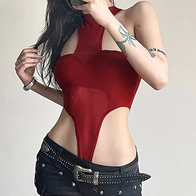 Red Lingerie Sexy Bodysuit Transparent Mesh Body Feminino Neck-mounted One-pieces Backless Tops For Women Y2k Clothes Bustier