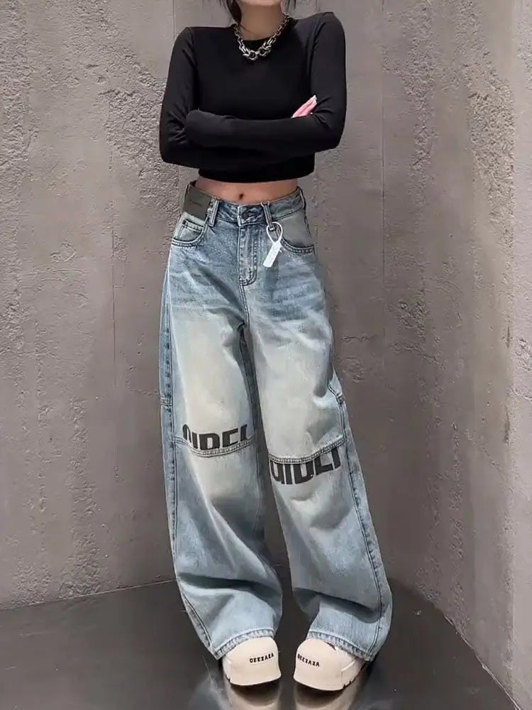 Letter Print High Waited Jeans Woman Street Harajuku Vintage Y2k Pants Women Trousers Casual Wide-leg Baggy Jeans Women