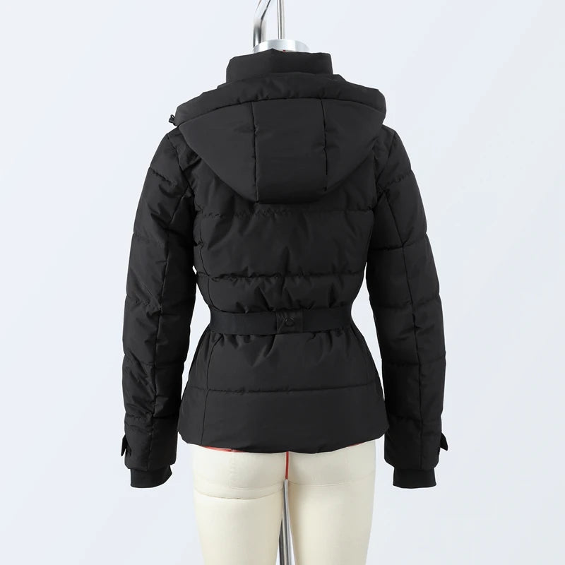 Fashion Hooded Padded Coats With Belt Women Slim Stand Collar Full Sleeve Pocket Coat Winter Lady Thicken Warm Skiing Jacket