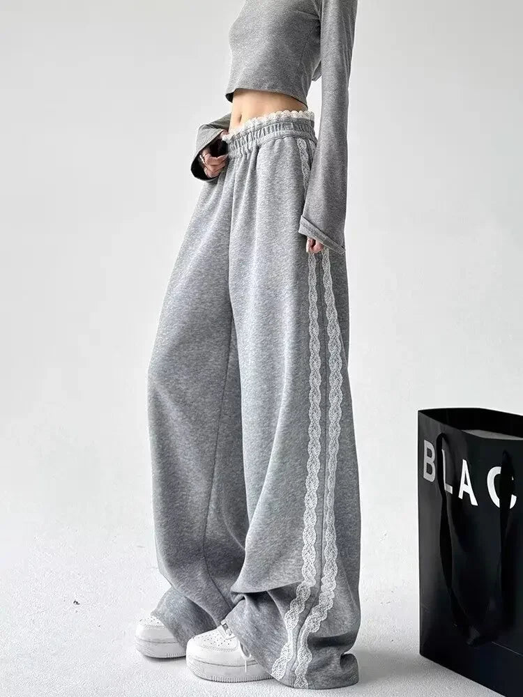 Trendy Casual Wide Leg Pants Women's Autumn Winter High Waist Splicing Lace Trim Drapey Slimming Sporty Trousers