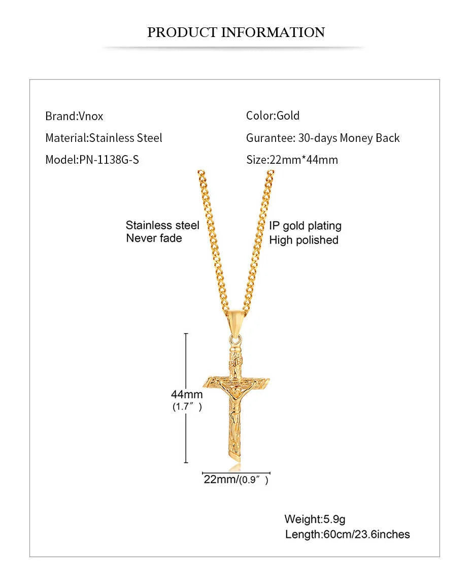 Vnox Cross Necklace for Men Women,Catholicism Jesus Pendant,Gold Color Stainless Steel Unisex Collar,Church Prayer Faith Jewelry