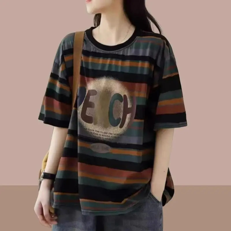 New Striped Print Letter Vintage Tops Summer Short Sleeve Loose Plus Size Street Casual T Shirts Fashion Harajuku Women Clothing