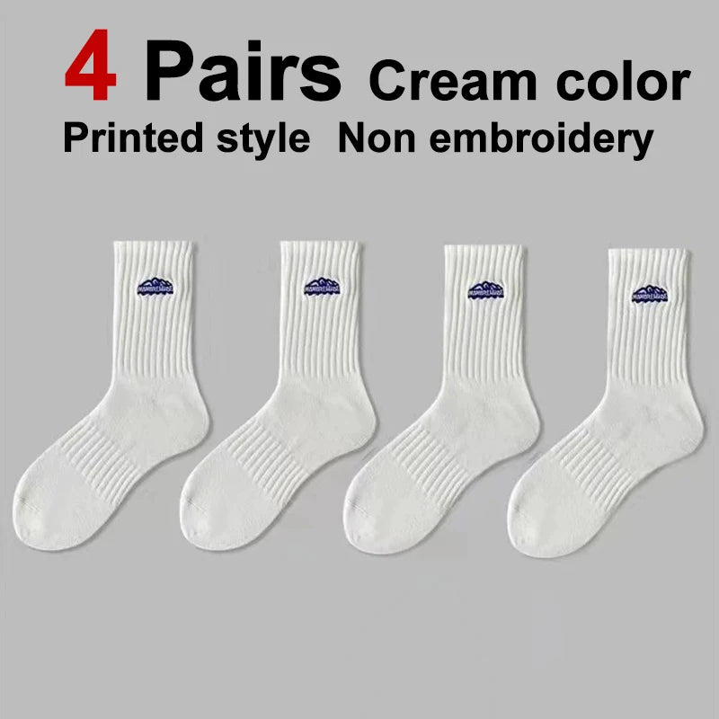 4 Pairs Men Solid Color Printed Mid Tube Socks Fashionable Letter Comfortable Sweat Absorbing Breathable Couple Casual Socks