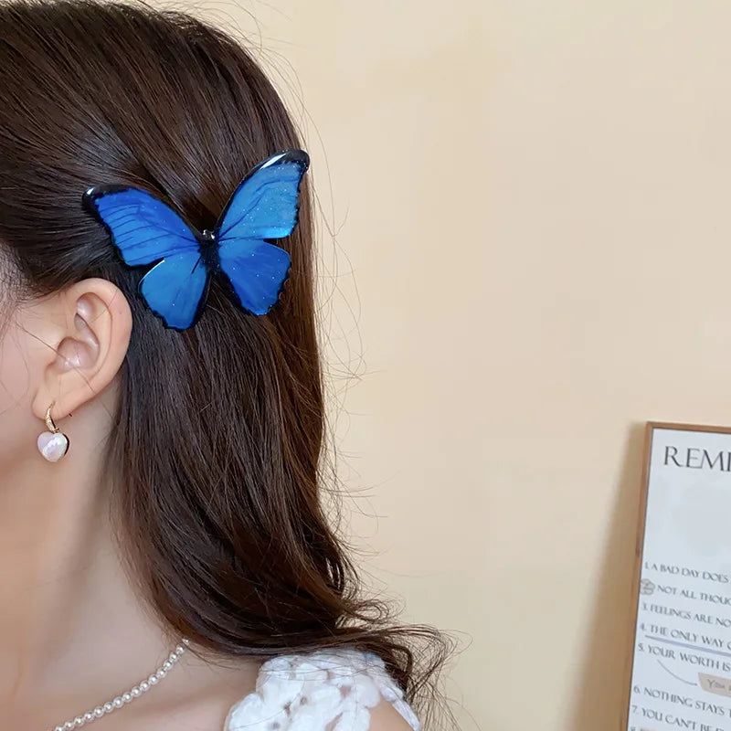 Fairy Dark Blue Gradient Butterfly Shiny Duckbill Hair Clips for Women Pastoral New Premium Dreamy Fashion Luxury Accessories
